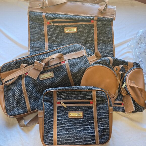 Four Piece Vintage Oscar de la Renta Tweed and Leather Travel Bags